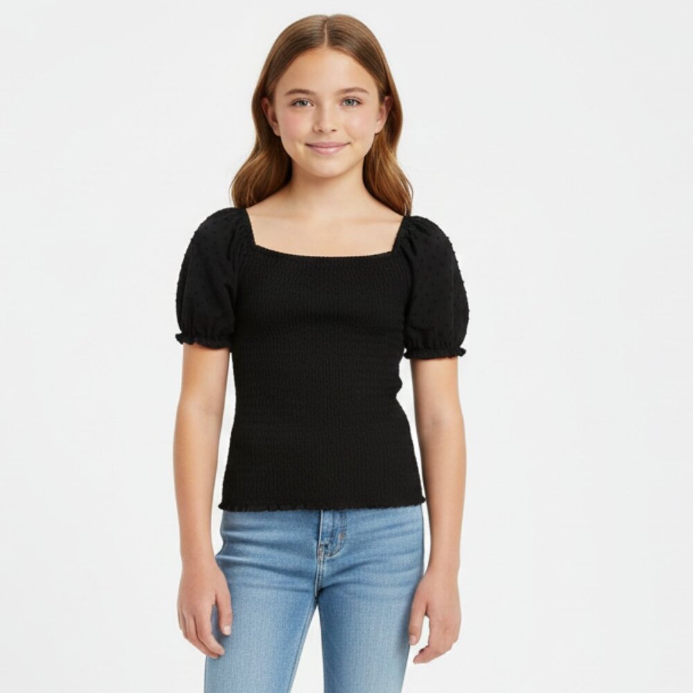 Art Class Black Puff Sleeve Smocked Top – Girls Size L (10/12)